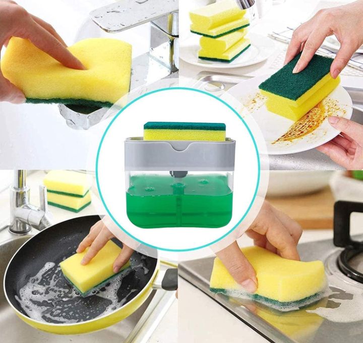 INSIOX 2-in-1 Kitchen & Bathroom Soap Dispenser with Sponge Dish Wash Sink Soap Pump Holder Liquid Dispenser Liquid Gel Shampoo Dispenser Kitchen & Bathroom Accessories & Bottle Cleaning