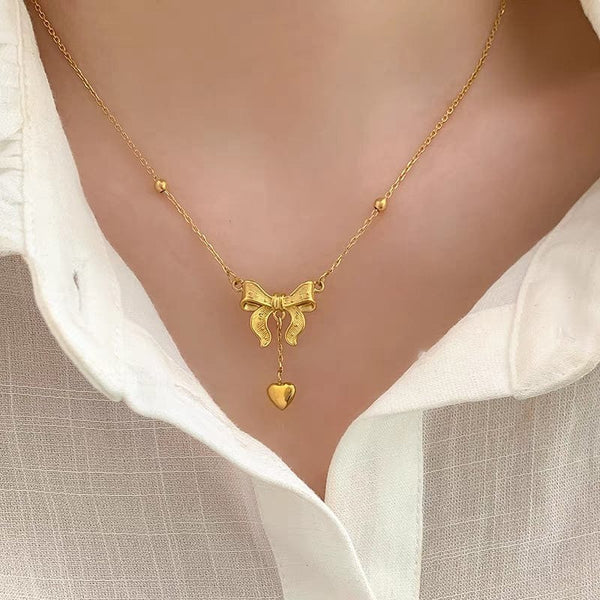 INSIOX - Bow Knot Heart Drop Pendant Necklace