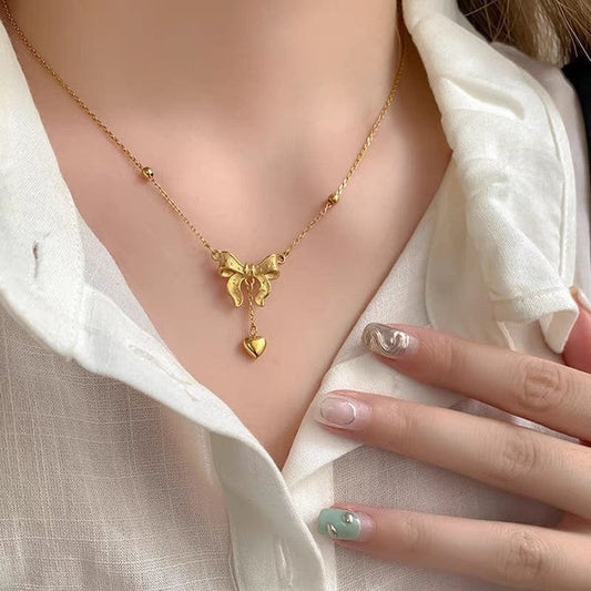 INSIOX - Bow Knot Heart Drop Pendant Necklace
