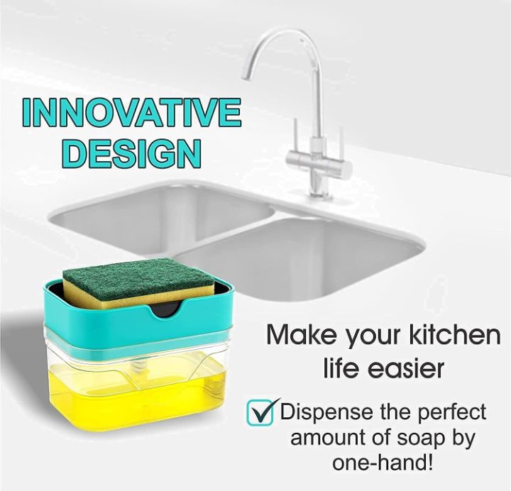 INSIOX 2-in-1 Kitchen & Bathroom Soap Dispenser with Sponge Dish Wash Sink Soap Pump Holder Liquid Dispenser Liquid Gel Shampoo Dispenser Kitchen & Bathroom Accessories & Bottle Cleaning
