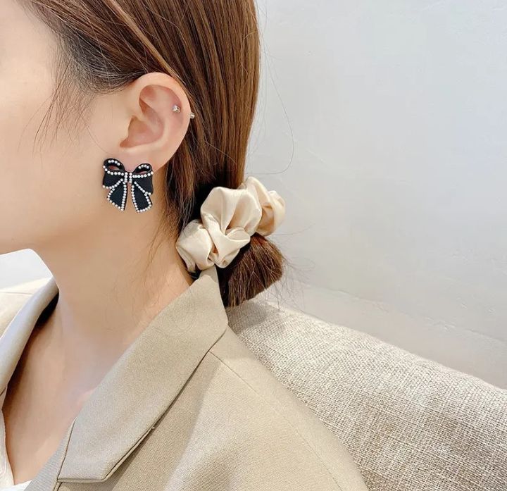 INSIOX - Black Pearl Decor Bow Knot Stud Earings