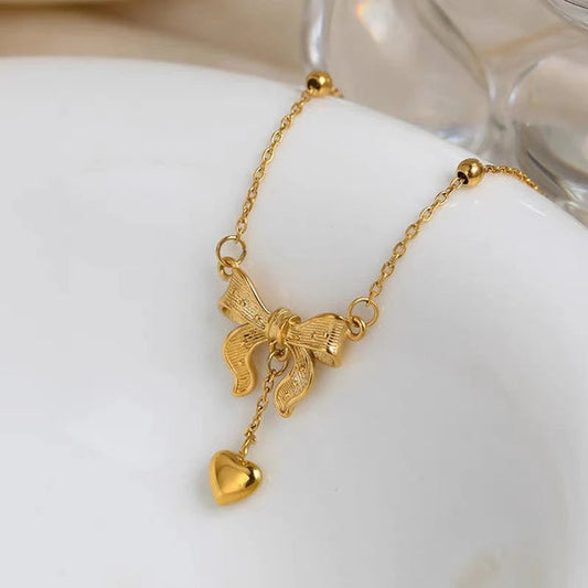 INSIOX - Bow Knot Heart Drop Pendant Necklace