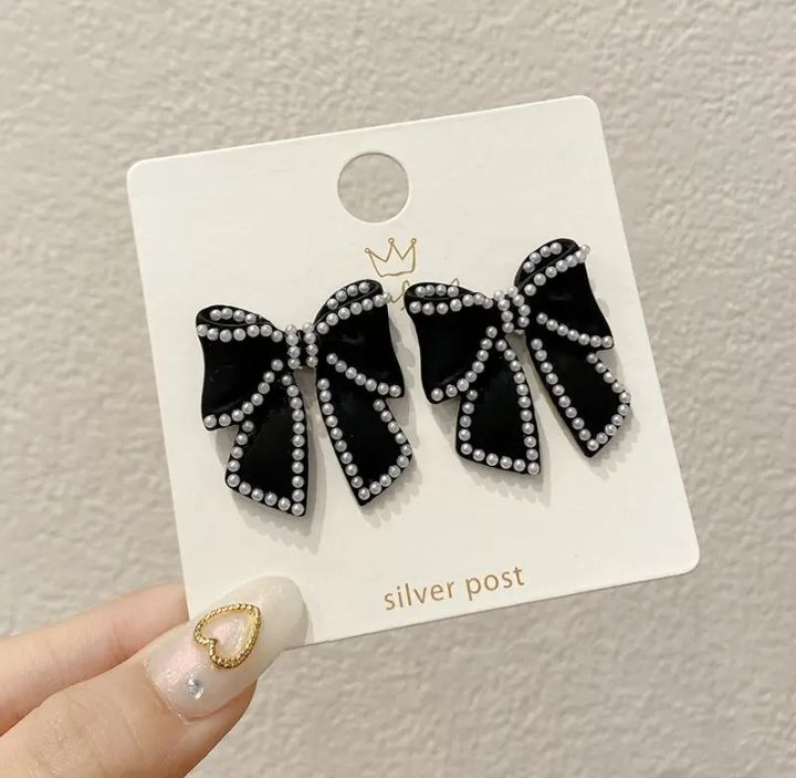 INSIOX - Black Pearl Decor Bow Knot Stud Earings
