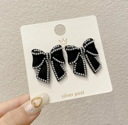 INSIOX - Black Pearl Decor Bow Knot Stud Earings